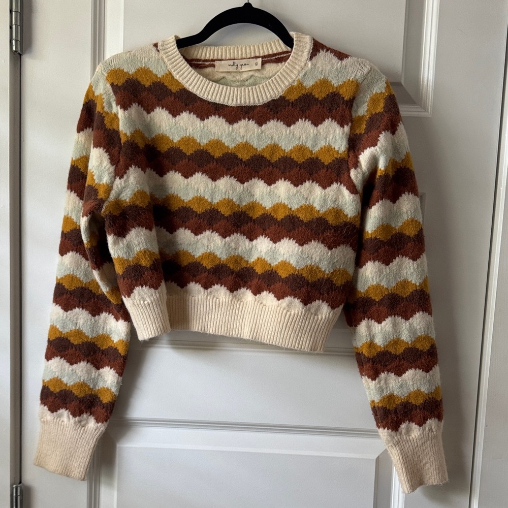 Vintage-Inspired Multicolor Pattern Cropped Sweater Large